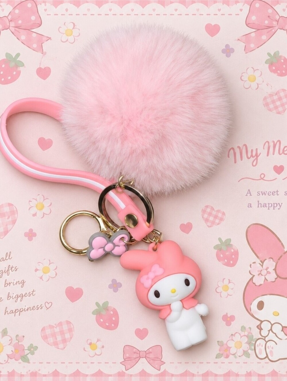 Hello Kitty My Melody Pink Puff Ball Charm Keychain Bracelet